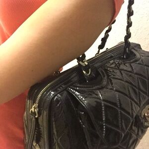 CHANEL Classic Flap Bag Purse Handbag Large Black Patent Leather EXCELLENT